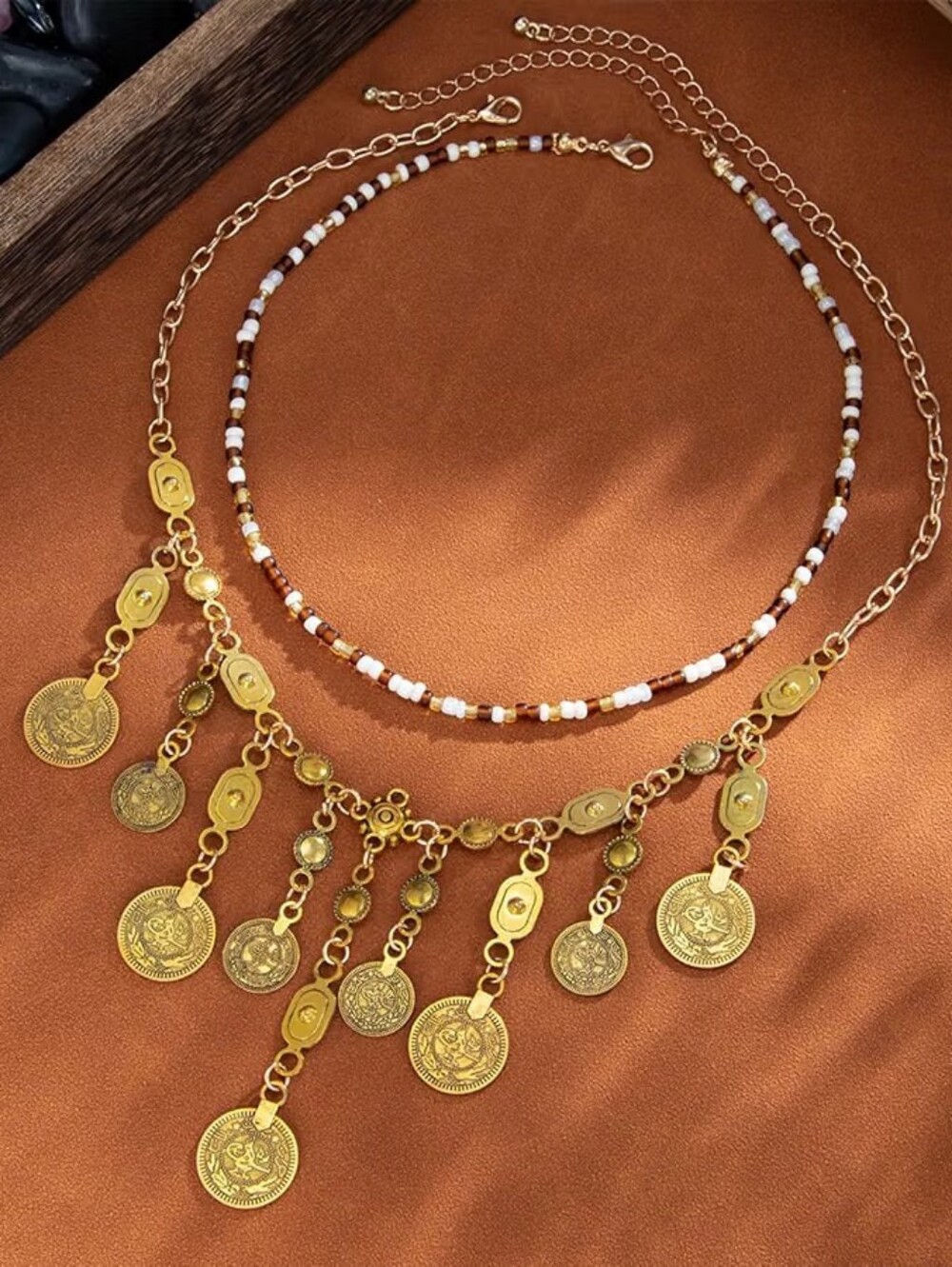 Boho Coin Charm Necklace Layered Beaded Chunky Gypsy - Picture 4 of 5